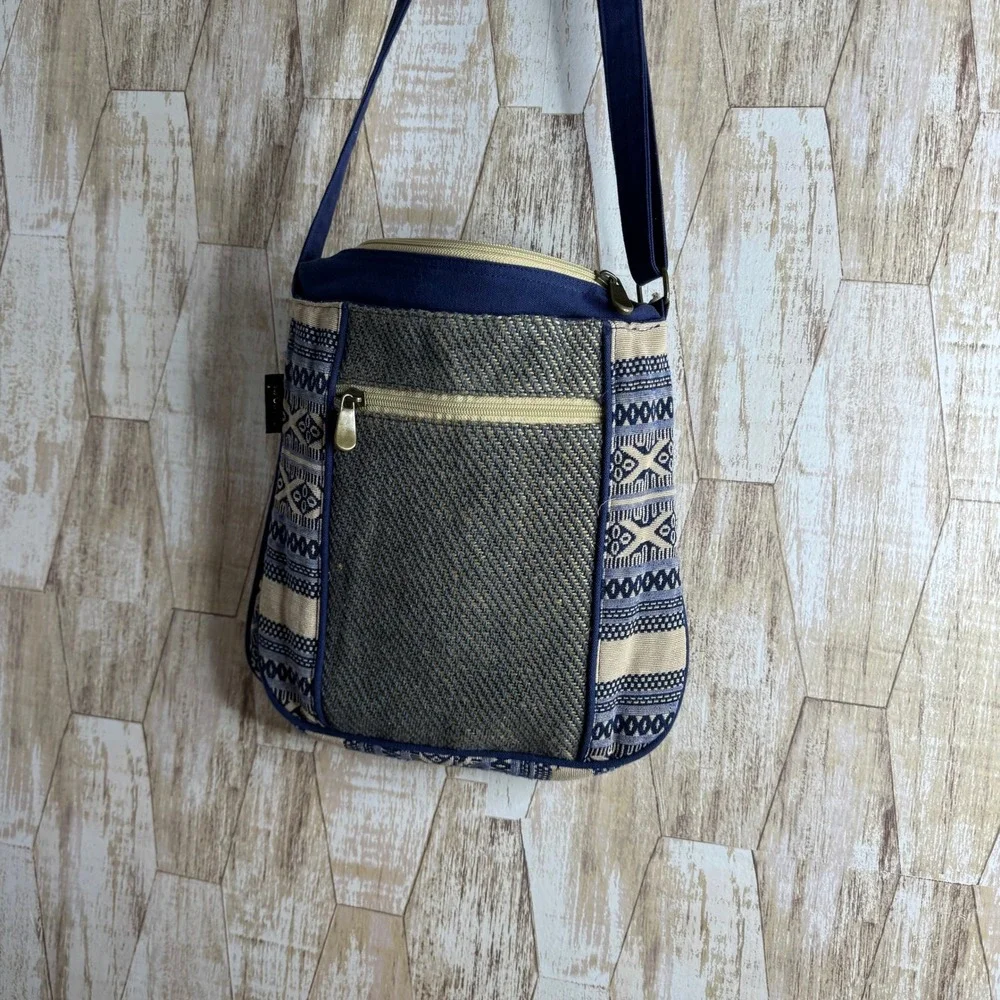 Vintage Catori Boho Embroidered Crossbody Bag Blue Tan Beaded‎ Charm